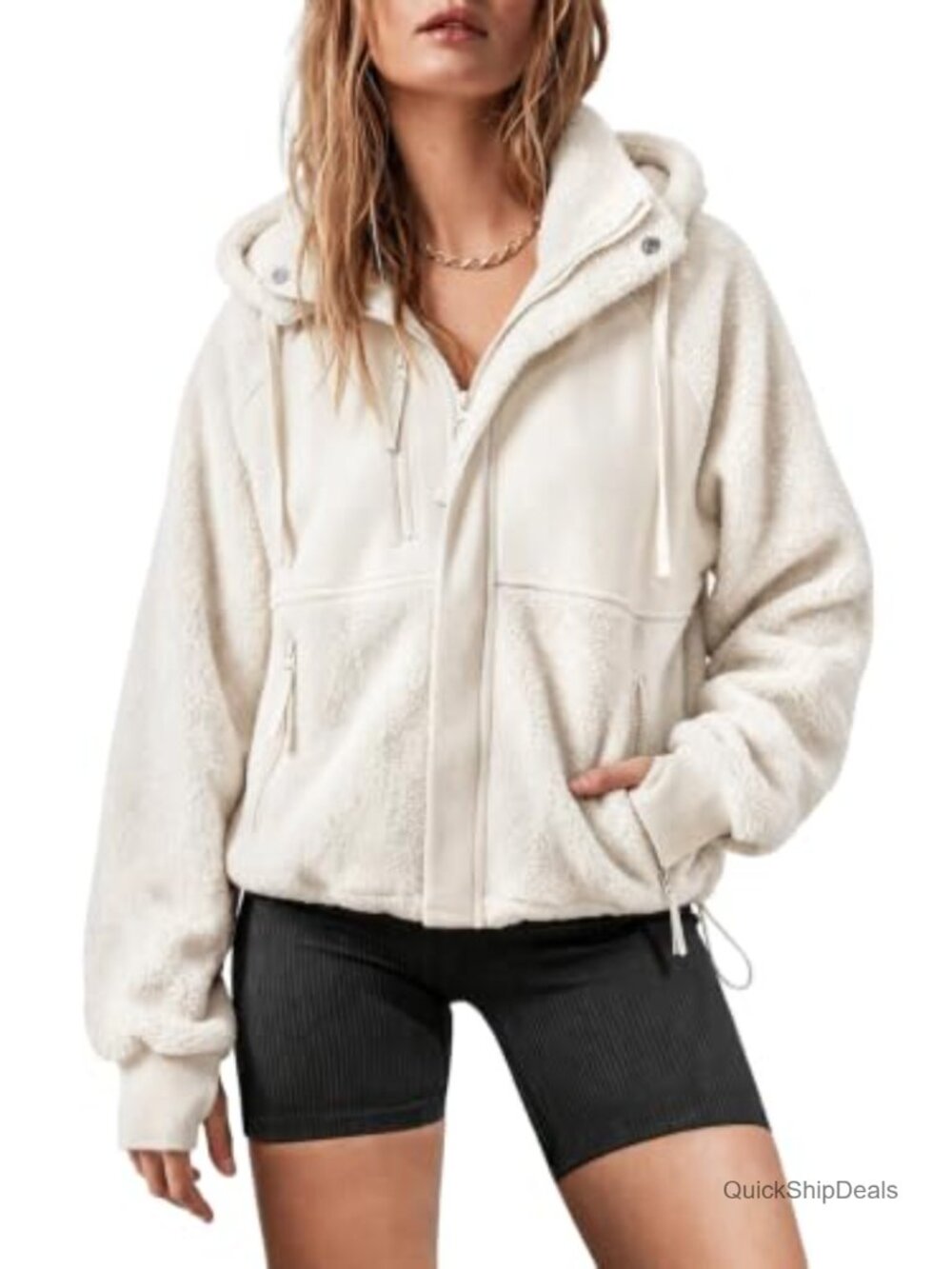 Women's Sherpa Fleece Zip Up Hooded Jacket Oversized Casual Coat Winter